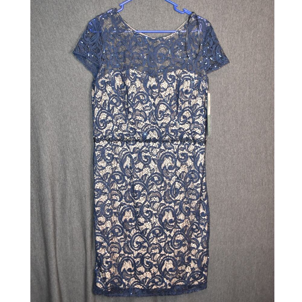 NEW Jackie Jon Women's Size 14 Lacy Sequin Flesh Liner Navy Dress NWT